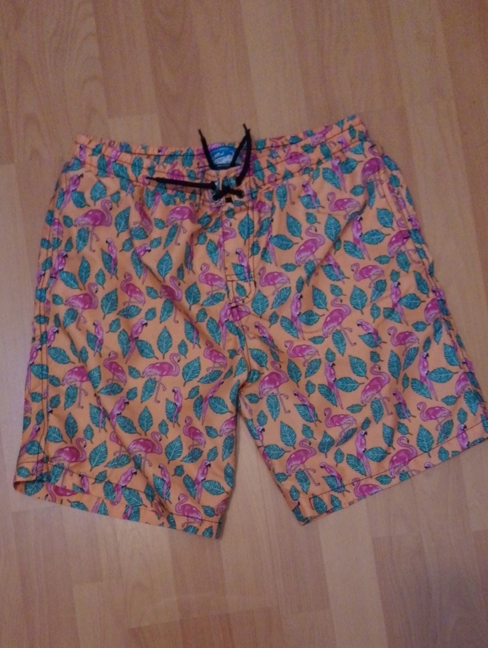 Men's Yellow Flamingo Print Swim Board Shorts with Drawstring